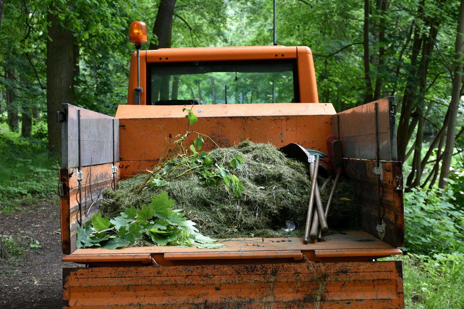 Utility truck carrying green garden waste for disposal